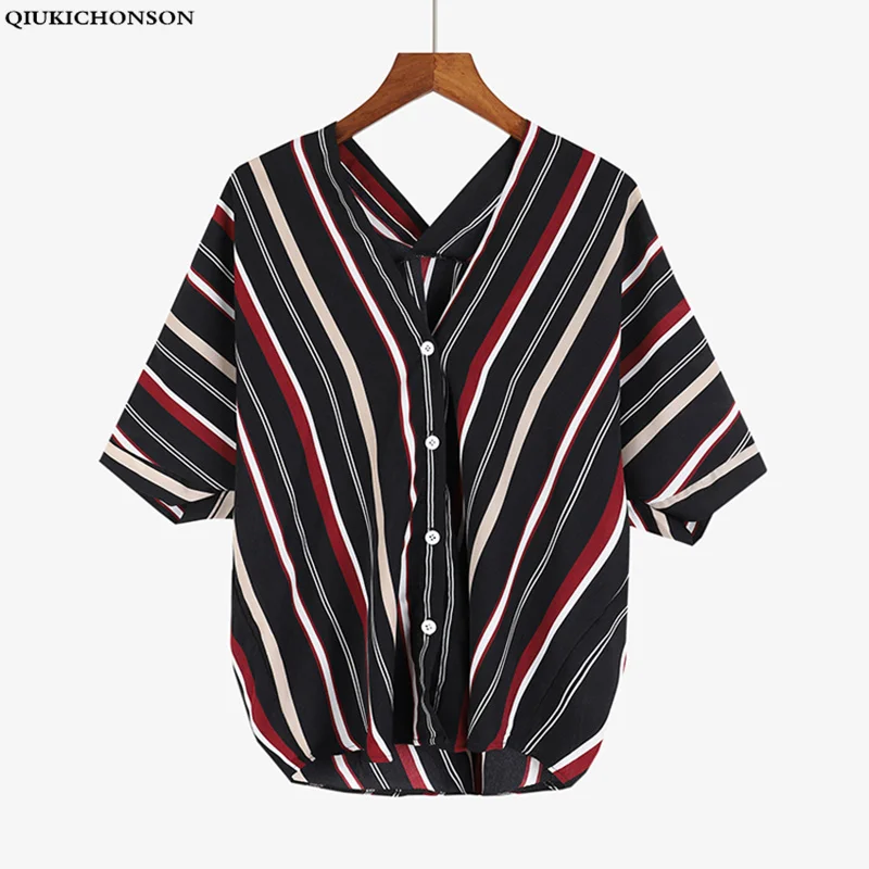 

Qiukichonson Double V-neck Blusas Korean Style Women Shirts 2019 Casual Short Sleeve Stripe Summer Blouses bluzki damskie