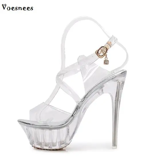 

Shoes Woman 2019 Summer Sexy 14CM Super-high Heels Crystal Transparent Sandals Cross-Strap Large Size Shoes Catwalk Show Shoes