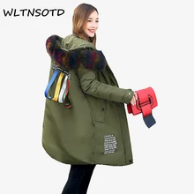 2017 New cotton winter coat women long Solid Hooded Fur collar warm printing pattern ribbon jacket Female fashion Parkas