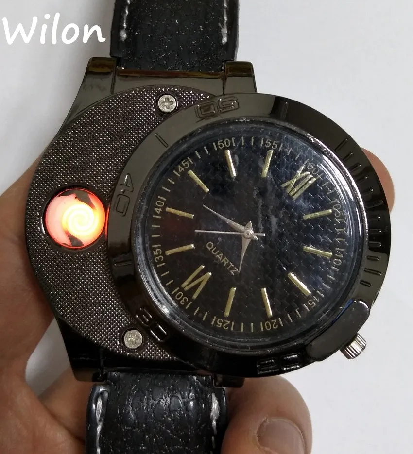 DHL F776 Rechargeable USB Lighter Watches Electronic watch Men's Quartz Wristwatches Windproof Flameless Cigarette Lighter