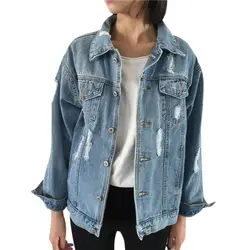 Новый 2018 Демисезонный джинсовая куртка Для женщин ретро отверстие крутые Модные свободные Джинсовые куртки Уличная рок в стиле панк