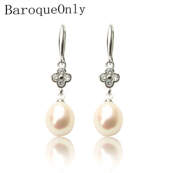 

BaroqueOnly Freshwater Pearl drop Earrings white pink golden clover flower zircon Jewelry Wedding Gift For girl