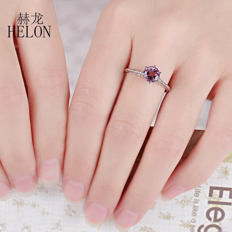 HELON Solid 14 k, белое золото, винтажное античное ювелирное искусство, женское безупречное 6,5 мм, круглое, 1CT, подлинное Помолвочное кольцо с аметистом, обручальное кольцо