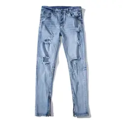 2019 новые мужские высокие уличные джинсы мужские тонкие большие отверстия боковая молния мотоциклетные мужские потертые джинсы больше