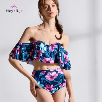 

Sexy Printing High Waist Bikini Swimwear Women Ruffle Shoulder-Off Swimsuit Push Up Beach Swimming Wear New High Waisted Biquini