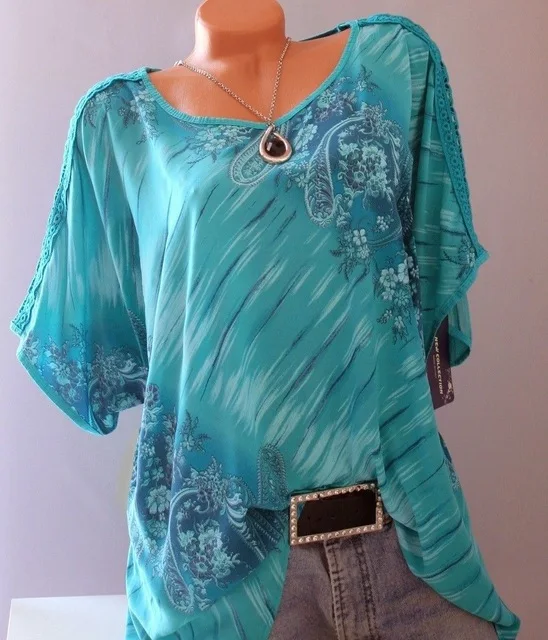 Женские блузки с принтом, туника с круглым вырезом, короткий рукав, свободные рубашки, летние топы, сексуальные кружевные повседневные блузки, рубашки размера плюс 5XL - Цвет: Зеленый