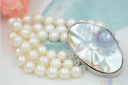 

>>>>>3row 8" ROUND white Freshwater cultured PEARL bracelet mabe clas