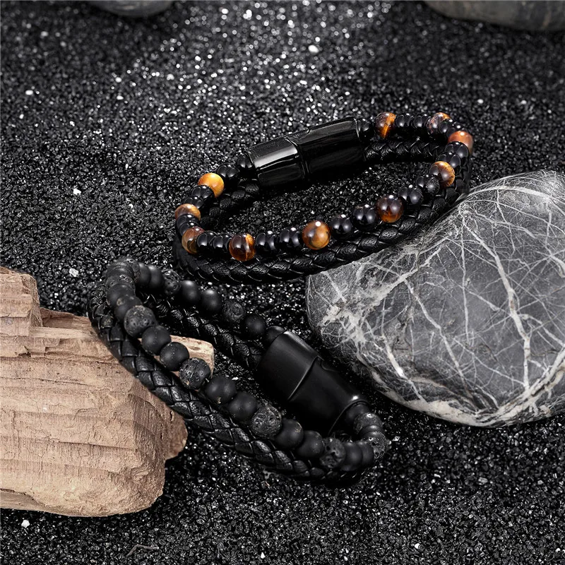 HIUS Men's Leather Bracelet With Tiger Eye Beads - Braided Wristband With Magnetic Clasp - View #10