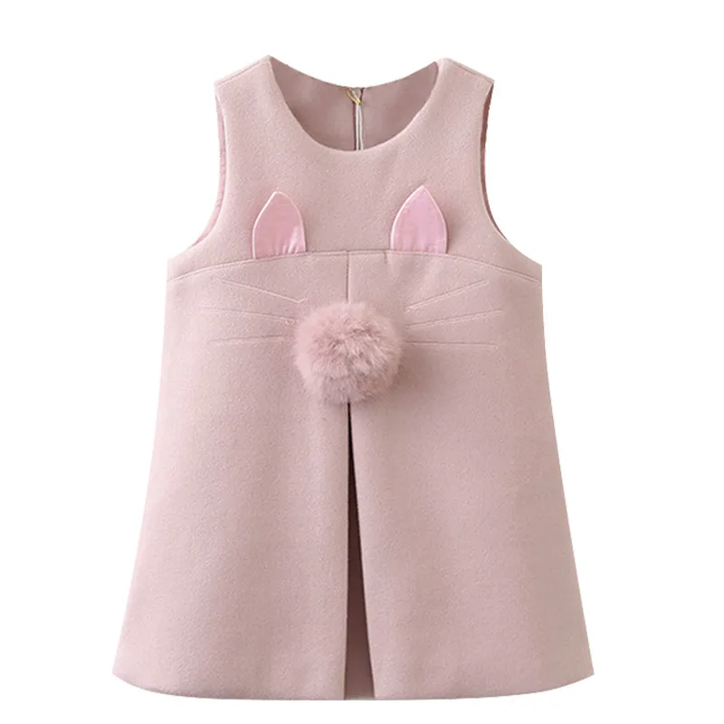 

Girls Dress New Autumn Winter Sleeveless Cute Rabbit Ears With Fur Ball Accessories Princess Dress 3-7T Children Clothing