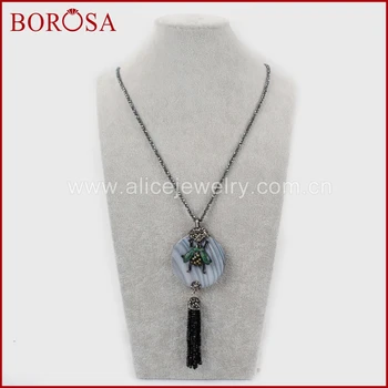 

BOROSA 30inch Hematite Necklace with Tassel Round Grey Shell Pendants pave Crystal cz insect beetles Pendant Necklaces JAB863