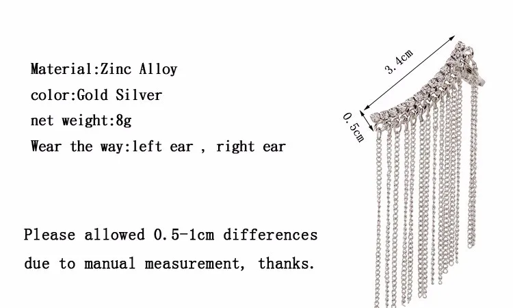 Ювелирные изделия в стиле панк, женские серьги-манжеты с кристаллами, Модные Позолоченные Серебряные циркониевые длинные кисточки, зажим со стразами, серьги для женщин и девушек