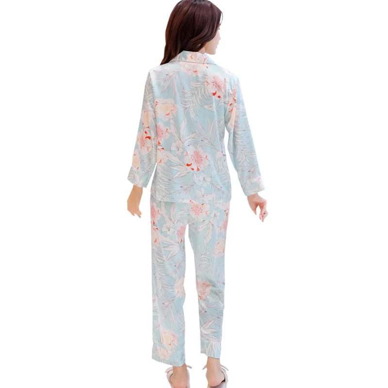 2019 женские пижамы с длинным рукавом с отложным воротником пижамы 2 шт. комплект рубашка + брюки Femme весна осень милые пижамные комплекты