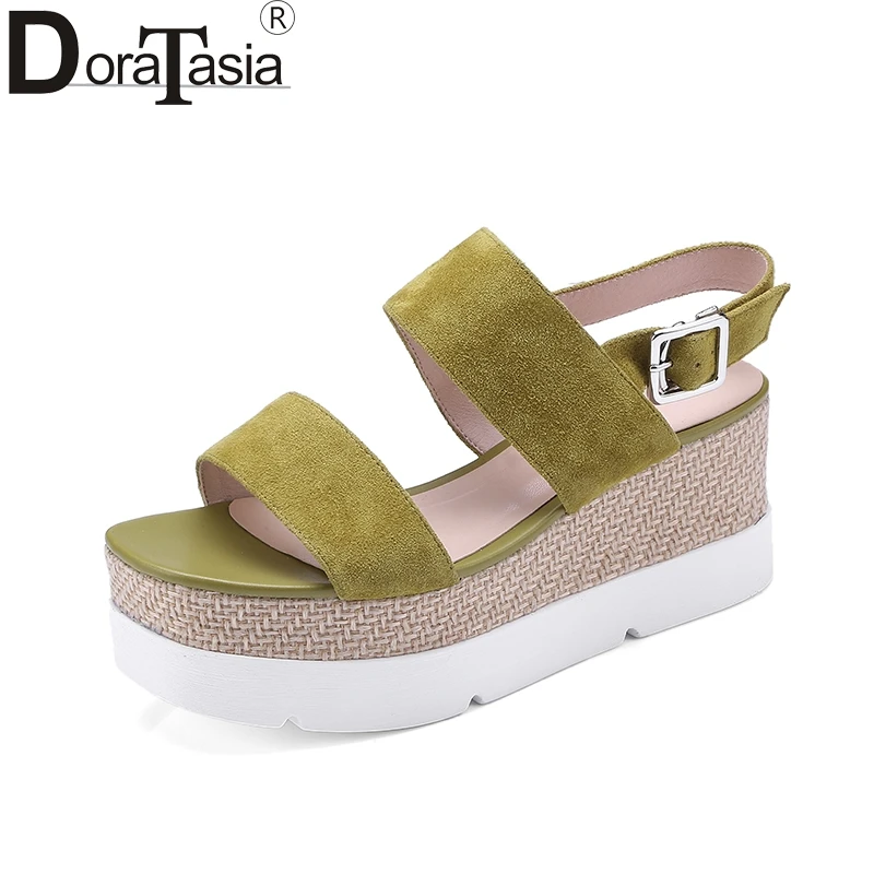 

Doratasia Large Size 34-42 Kid Suede Genuine Leather Solid Platform Wedges Heels Buckle Strap Shoes Woman Summer Sandals