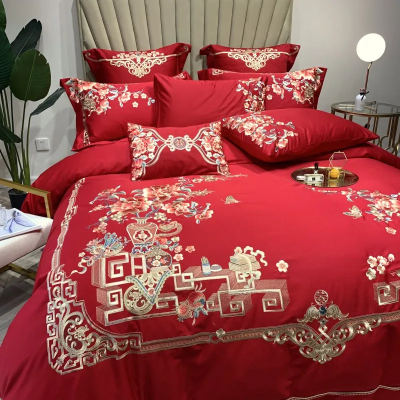 Новый красный 100 S Египетский хлопок Павлин Вышивка роскошный китайский стиль набор свадебного постельного белья пододеяльник