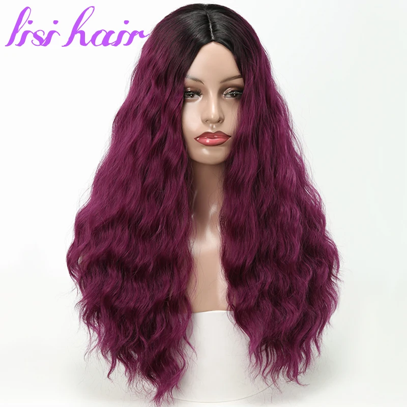 

LISI HAIR Black Ombre Wine red Wig Long Wavy Wigs High Temperature Fiber Synthetic Wig For Women Black