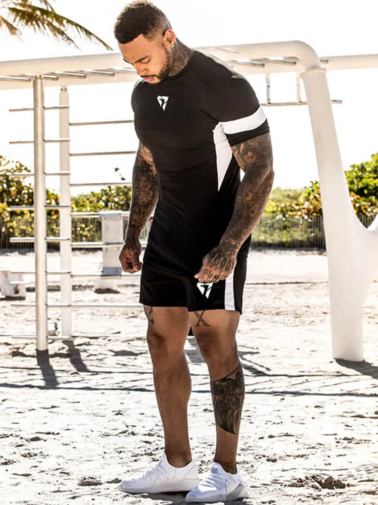 GYMOHYEAH Two Piece Set Men T Shirt Top+Shorts Men Tracksuits Quick-drying compression Causal Sportswear Tops Short Trousers