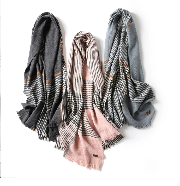 Осенне-зимние женские модные утепленные мягкие теплые женские контрастный цвет клетчатый и гусиные Длинные шаль Зимний кашемировый шарф
