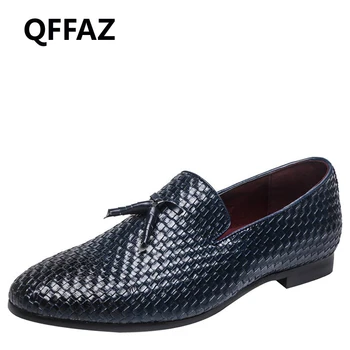 

QFFAZ New Flats Summer Braid PU Leather Men Loafers Men Casual Shoes Fashion Breathable Driving Oxfords Shoes Big Size 38-48