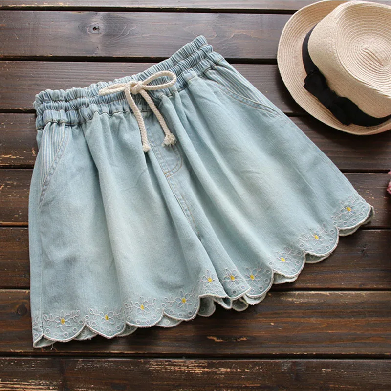 Весна Лето Mori Girl короткие женские слои Цветочная вышивка эластичный пояс карман джинсовые ковбойские женские Vestido мини шорты U489