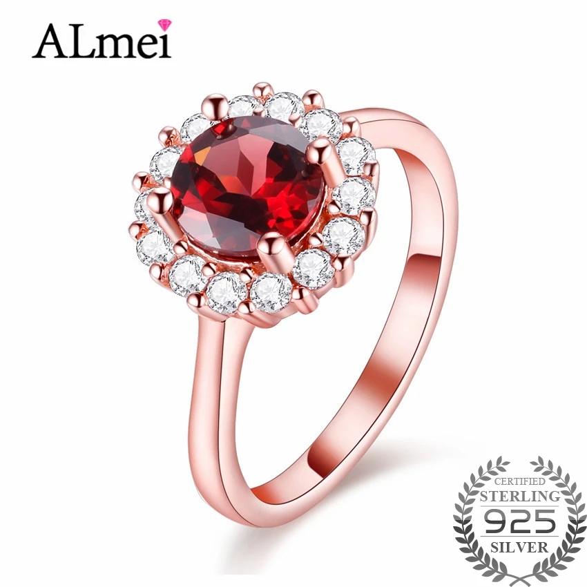

Almei Flower Shiny Ring Garnet Women Charming Engagement Jewelry Silver 925 Rhinestone Rose Gold Color Ring with Box 40% FJ042
