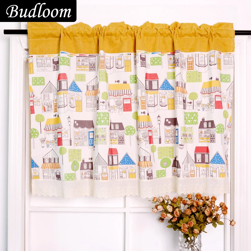 

Poly cotton short curtains for kitchen short window panel valance cartoon house cafe door blinds lovely kids home decoration