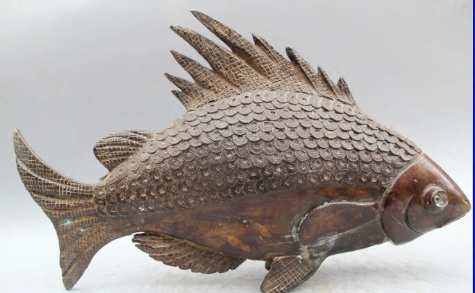 

10"China Chinese Folk Bronze Lifelike Lucky Beautiful Money shark Statue