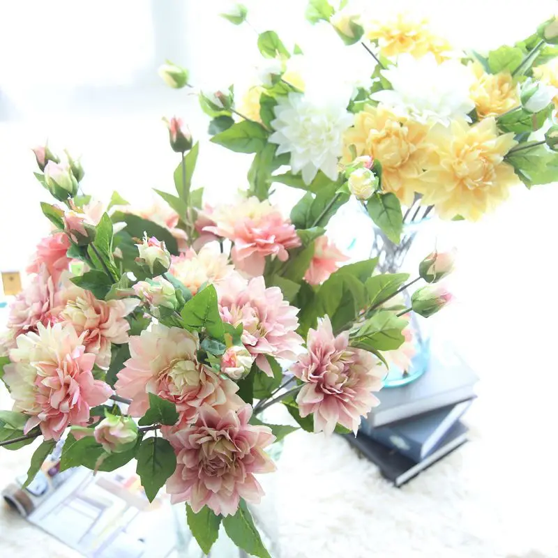 Artificial Dried Flowers with vase single branch dahlia plant fake flower wedding supplies home decoration bulk DROPSHIP AUG23