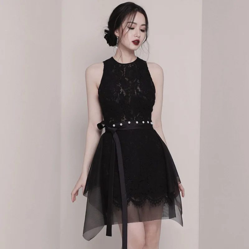 HAMALIEL новейшее дизайнерское короткое платье без рукавов подиумное летнее женское кружевное лоскутное Сетчатое платье с бантом винтажное платье с бисером Vestidos - Цвет: Черный
