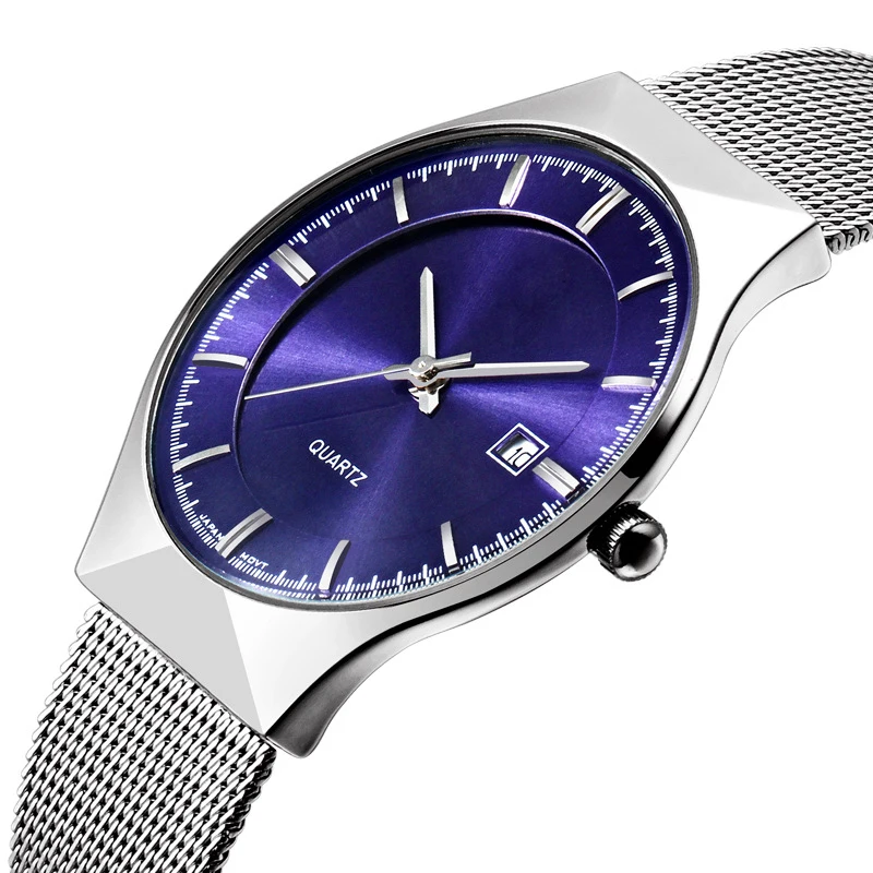 

Simple Men Business Mesh Slim Wristwatches Quartz 30M Waterproof Light Fashion Stainless Steel Strap Round Watch Date Display