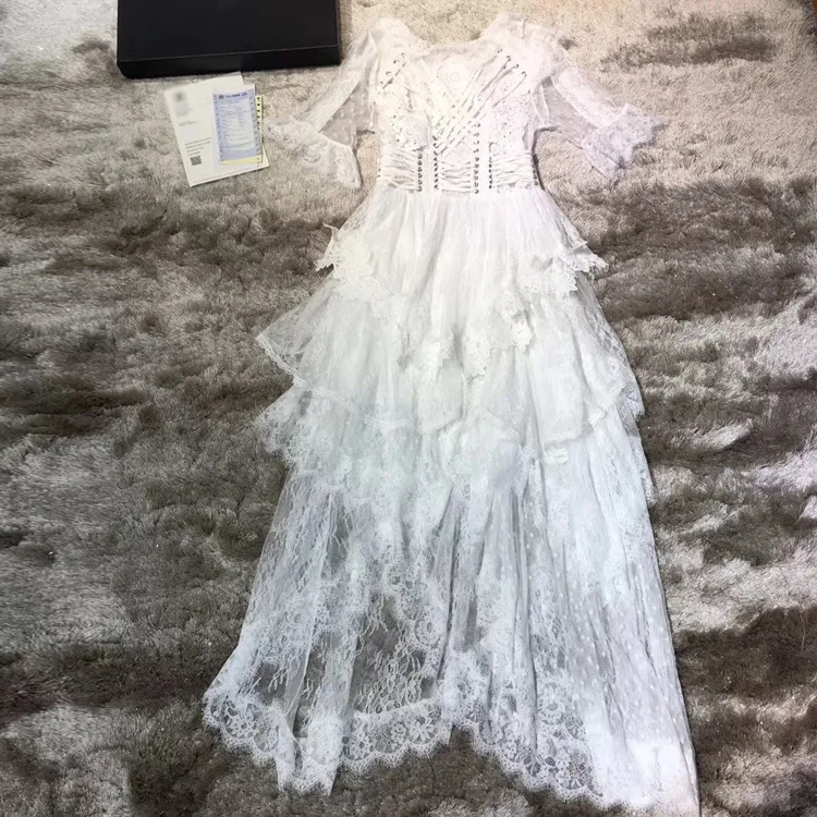 FOLOBE Новое дизайнерское высококачественное подиумное платье осеннее женское белое кружевное платье с длинными рукавами и оборками длинное платье в стиле бохо