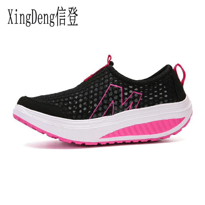 

XingDeng Women Spring Autumn Breathable Hollow Flat Swing Wedge Shoes Lady Casual Height Increasing Loafers Air Mesh Shoes