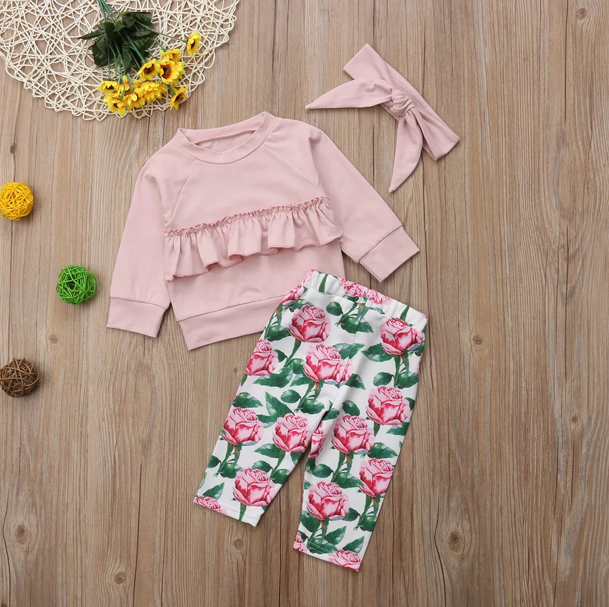 Autumn NEW Kids Infant Newborn Baby Girl Long Sleeve Ruffle Edge Cotton T-shirt Tops Flower Pants Casual Outfit Set Clothes