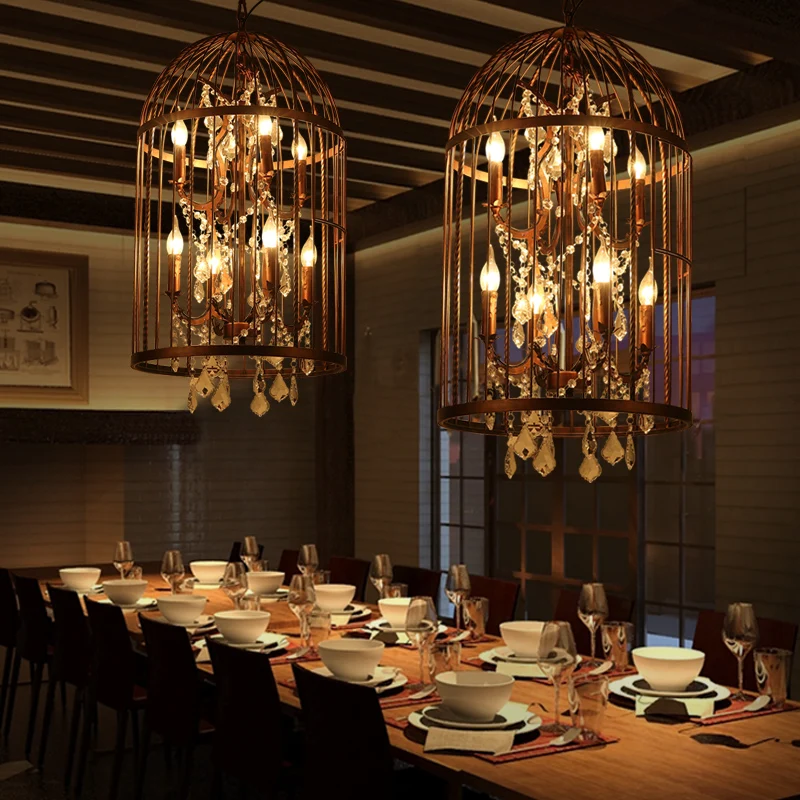 

Crystal bird cage chandelier wrought iron American retro restaurant bar creative bar clothing store industrial wind lamps
