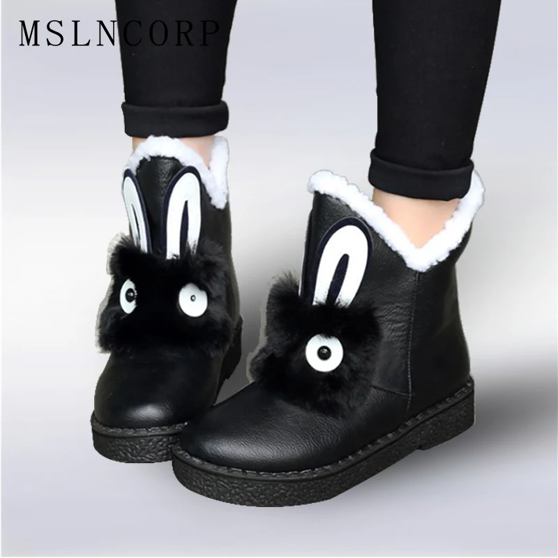 

size 34-45 Autumn Winter Women Animal Rabbit Ankle Boots Black gray white warm Snow Boots Casual Platform Leather Boots Shoes