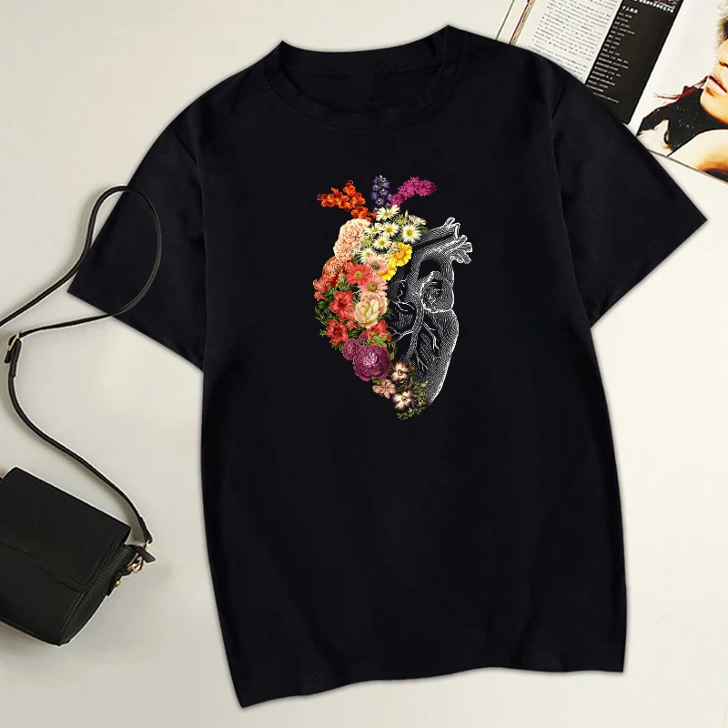 

Flower Heart Spring T-shirt Women Vogue Girl T Shirt Cotton Black Tops Casual Tees Hipster T Shirt Lady Summer Clothing