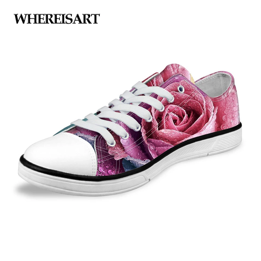 

WHEREISART Classic Women High Top and Low Style Canvas Shoes Ladies Casual Floral Printed Lace-up Breathable Vulcanized Shoes