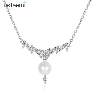 

LUOTEEMI Brand Design Pendant Necklace for Women Wedding Dating Luxury CZ Exquisite Imitation Pearl Sweet Choker Christmas Gift