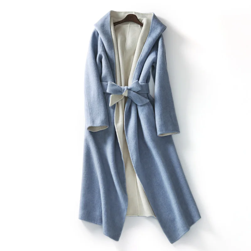 

HIGH STREET Hooded Overcoat New Fashion 2018 Designer X-Long Coat Women's Solid Lace up Wool Woolen Outer Coat