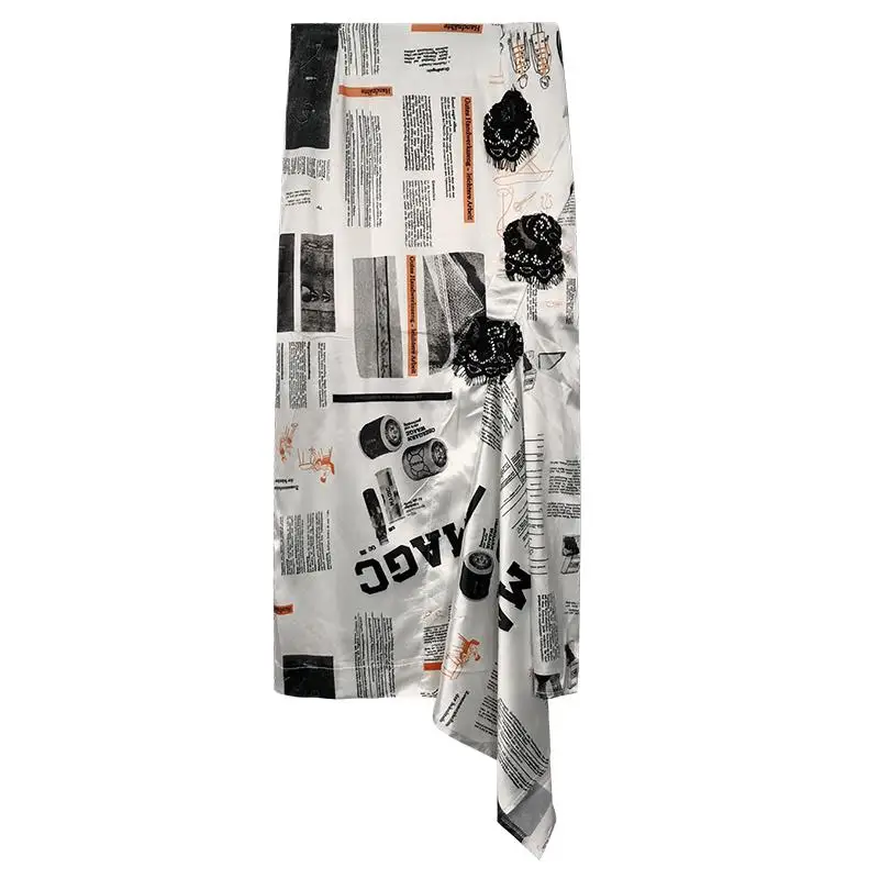 

PERHAPS U newspaper print split asymmetrical bag hip skirt midi skirt empire high street summer S0187