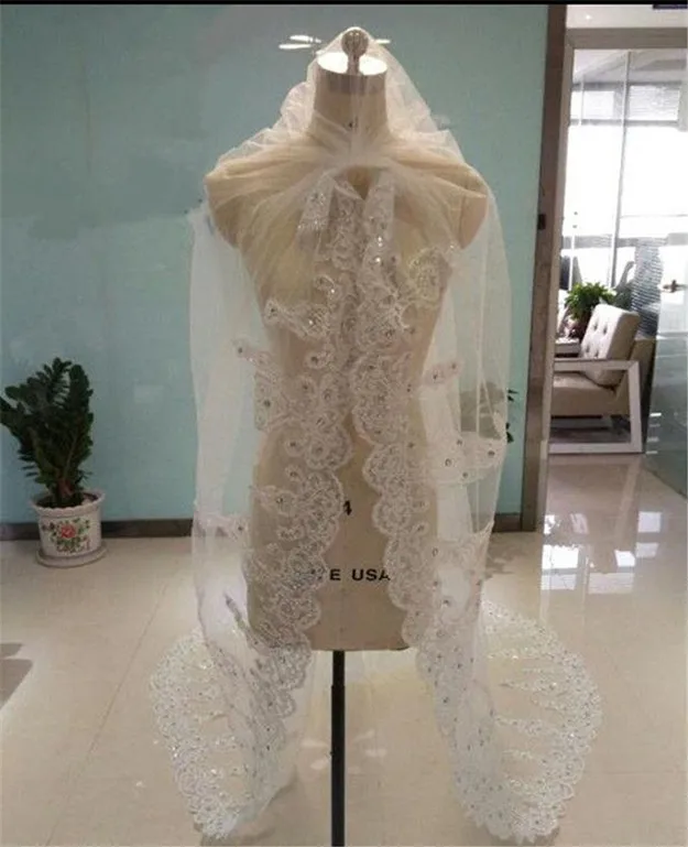 Bling Bling Bridal Veils Luxury Long Applique Beaded Custom Made High Quality Crystal Cathedral Wedding Veils