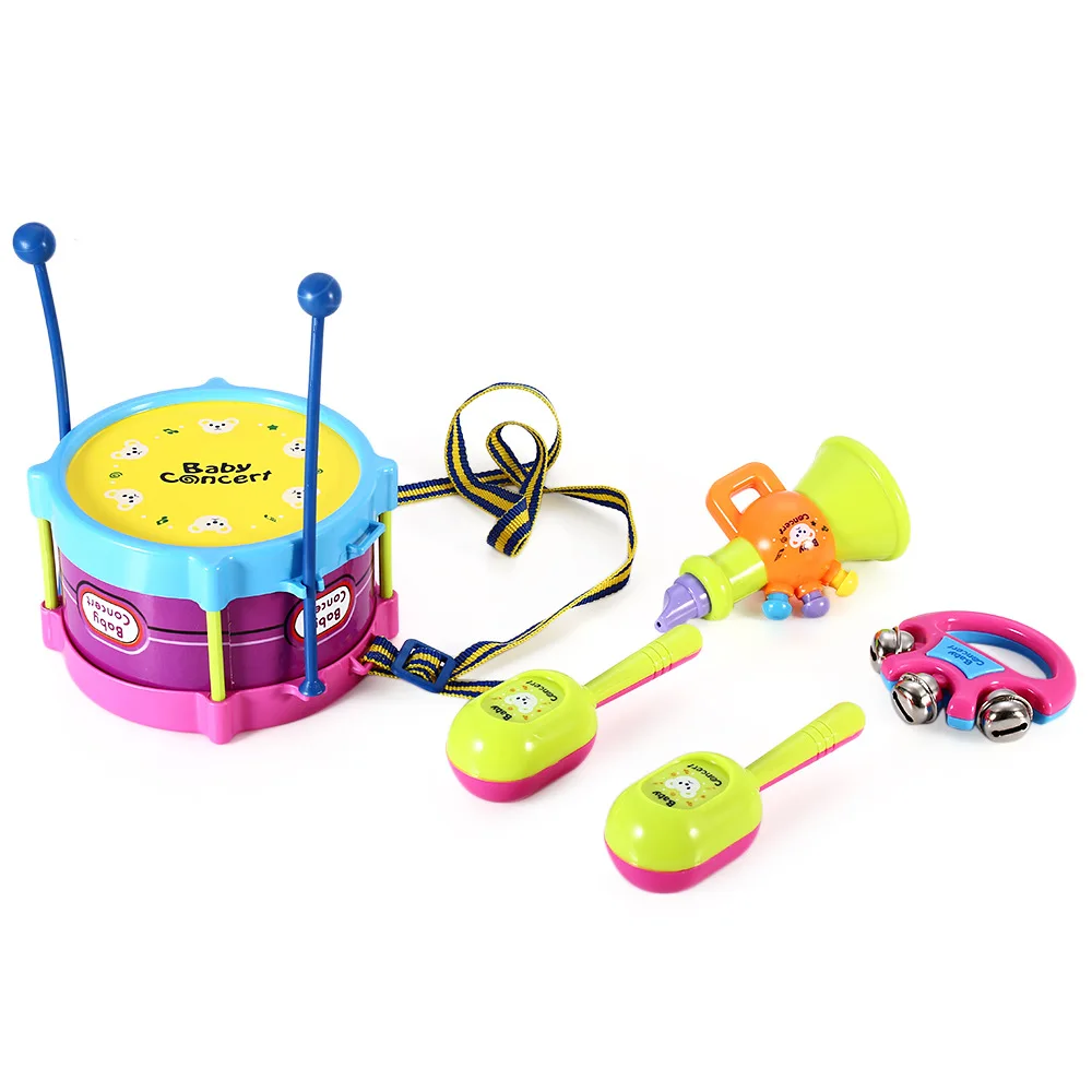 

5PCS in 1 Set Kids Roll Drum Trumpet Handbell Cabasa Musical Instruments Band Kit for Baby Vocal Toy Educational Gift Toy