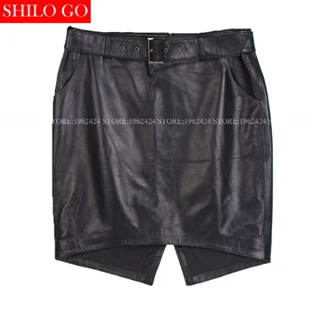 

Plus size Autumn winter fashion new women high quality sheepskin leather sashes office OL black formal leather skirts 4XL