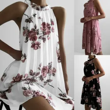 

2019 Women Sleeveless Summer Boho Floral Beach Casual Loose Mini Shirt Beach Dress New