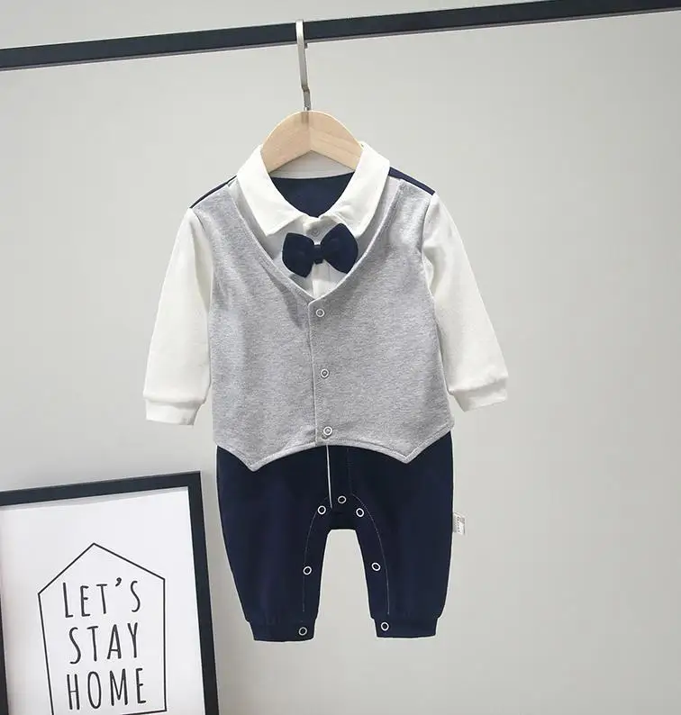 newborn baby boy clothes sping and autumn Gentleman style baby romper long sleeve cotton rompers kids infants costume - Цвет: blue