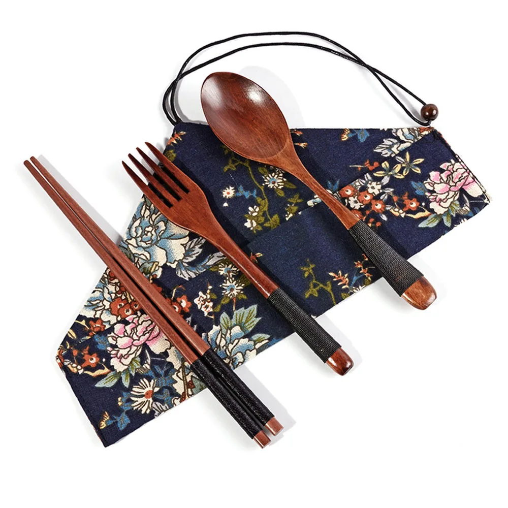 Color-3 Reusable Bamboo Wooden Cutlery Set Spoons Forks Chopsticks Dinnerware Set With Cloth Bag Convenient Utensil Set Kitchen Tools - Цвет: Color-3