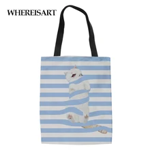 WHEREISART сумка для покупок с рисунком кота в синюю полоску высококачественные женские сумки Холщовая Сумка Многоразовые продуктовые эко складные сумки