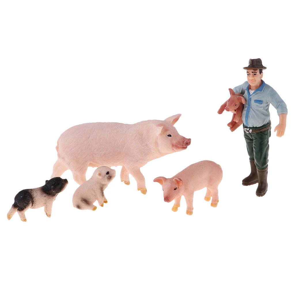 Plastic Farm Animals Toy Realistic Farm Animal Model Action Figure Collectible - Farmer & 4 Pigs