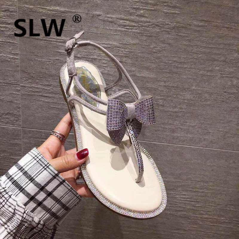 

Rhinestone Sandals Bow Shoes Summer Heels Suit Female Beige 2019 Women's With Comfort Block Ladies Heeled Low Sale Fashion Flat