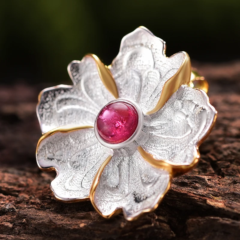 Lotus Fun - Orecchini A Perno In Argento 925 Con Pietra Naturale A Forma Di Fiore Di Peonia - Gioielli Fatti A Mano