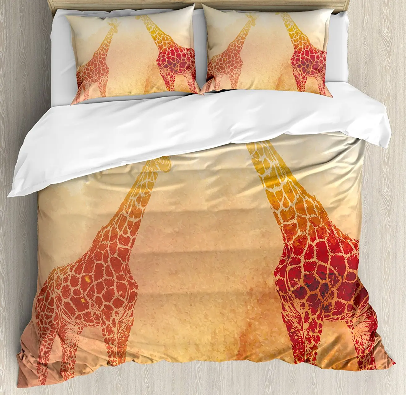 

Duvet Cover Set, Illustration of Tropic African Giraffes Tallest Neck Animal Mammal in Retro Vintage Print, 4 Piece Bedding Set